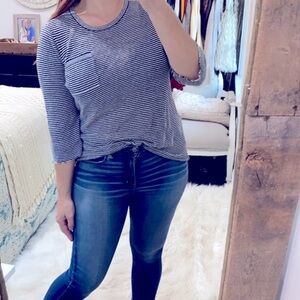 Eileen Fisher navy striped organic linen top size small